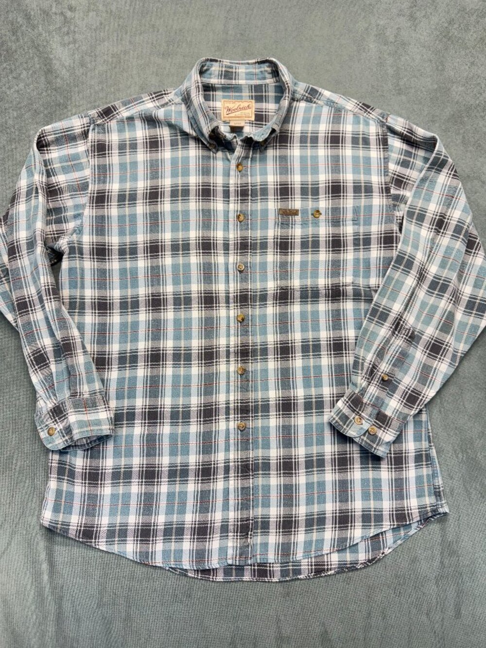 Vintage Woolrich Men’s Large Plaid Flannel Button Down Shirt Blue Gray Cotton